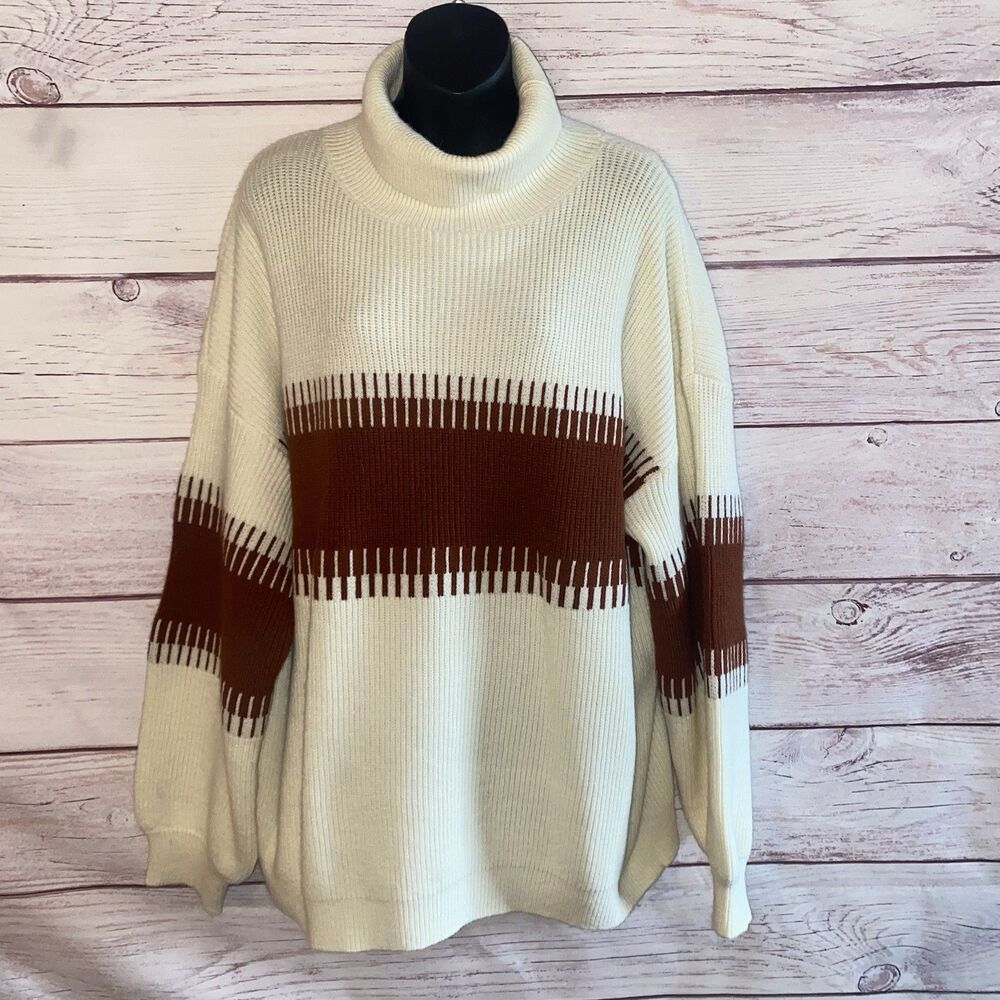 Baltic Born Women XL Turtleneck Sweater Cream Rust Colorblock Oversized NWT